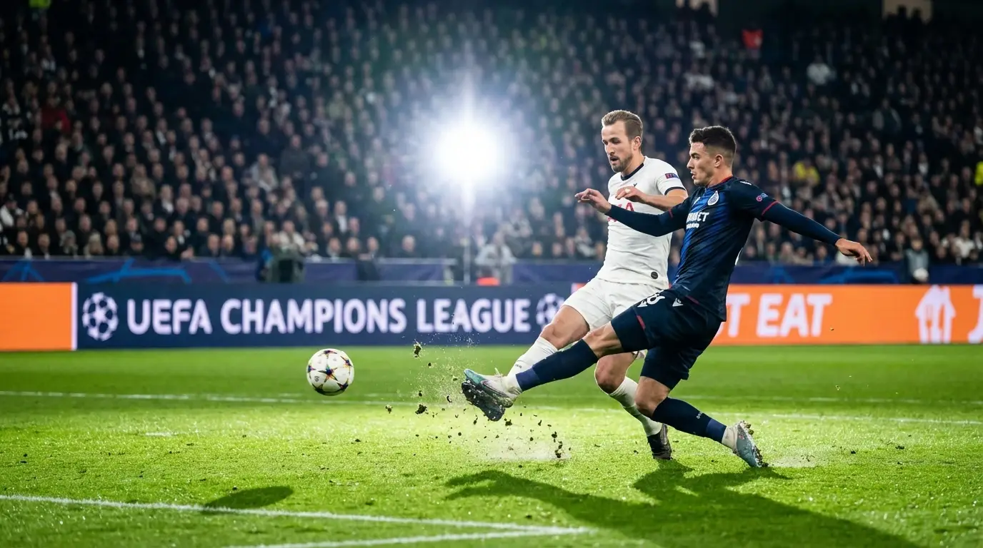 Jugadores de fútbol disputando un balón durante partido nocturno de Champions League