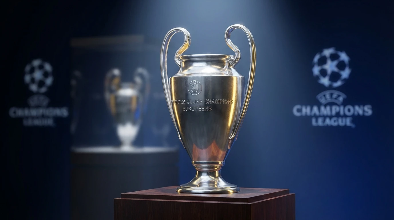 Trofeo de la Champions League iluminado sobre pedestal en ceremonia oficial